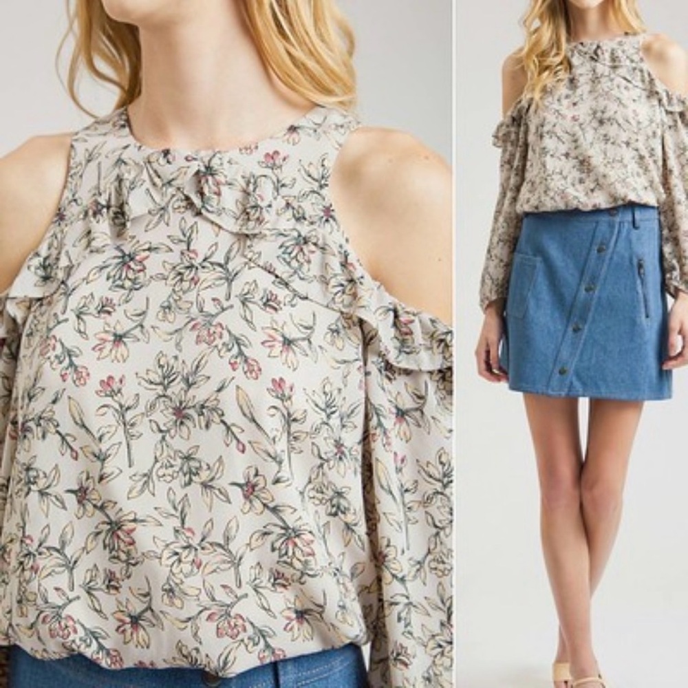 New Anthropologie J.O.A. Floral Cold Shoulder Long Sleeve White Blouse Small